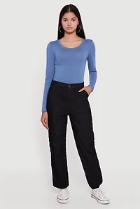 Womens Solid Denim Cargo Joggers, Black, Size S