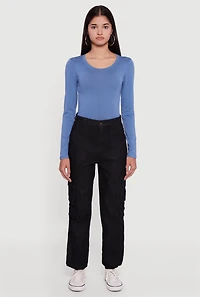 Womens Solid Denim Cargo Joggers, Black, Size S