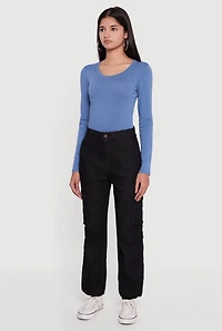 Womens Solid Denim Cargo Joggers, Black, Size L