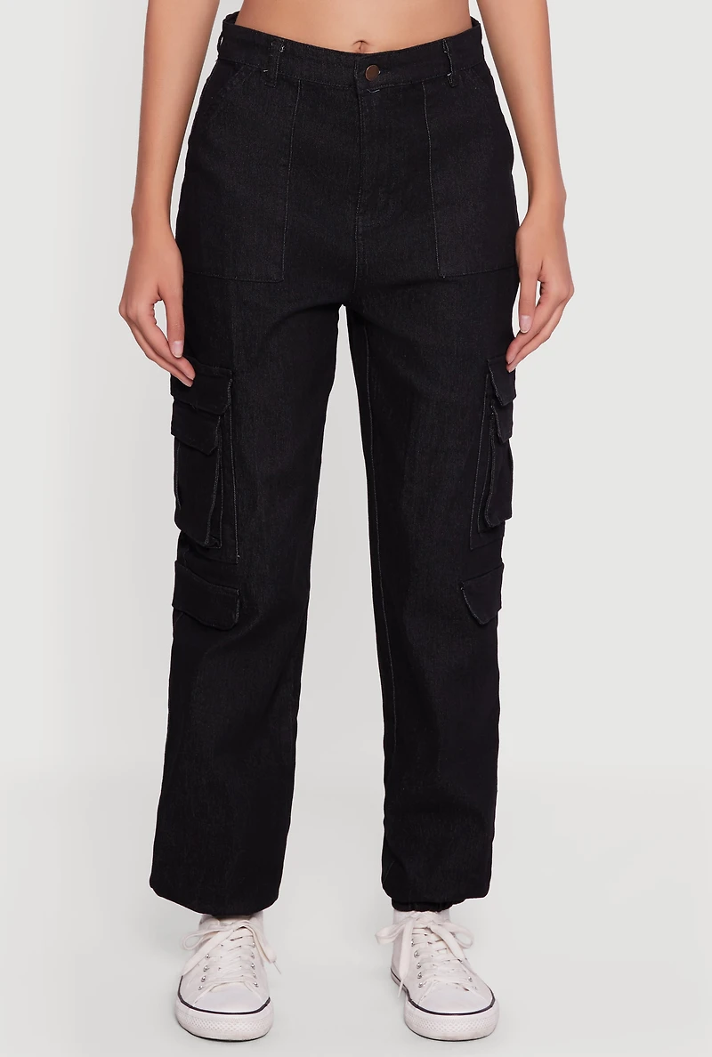 Womens Solid Denim Cargo Joggers, Black, Size L