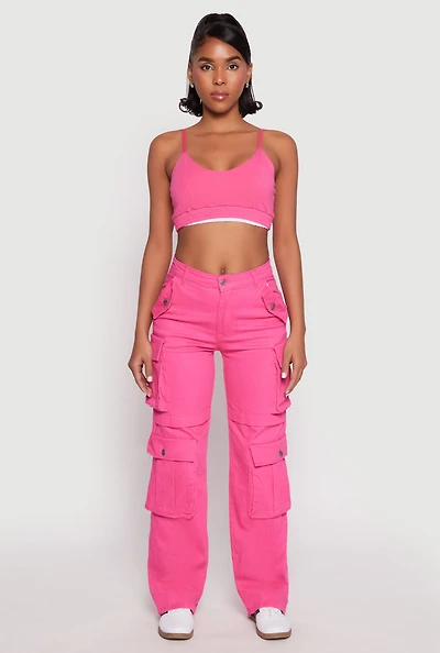 Womens Daisy Four Cargo Pocket Straight Leg Pants, Pink, Size S
