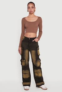 Bleached Detail Mid Rise Wide Leg Cargo Pocket Jeans