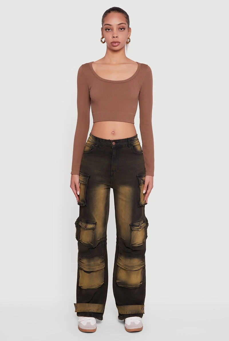 Bleached Detail Mid Rise Wide Leg Cargo Pocket Jeans