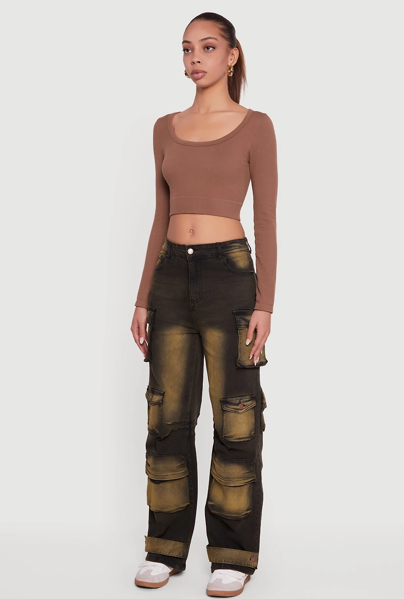 Bleached Detail Mid Rise Wide Leg Cargo Pocket Jeans