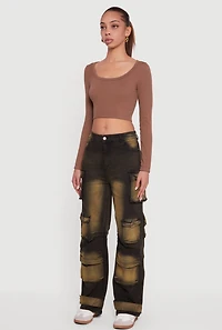 Bleached Detail Mid Rise Wide Leg Cargo Pocket Jeans