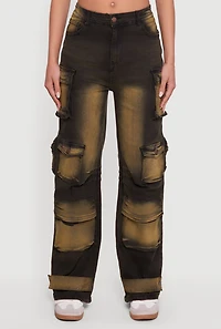 Bleached Detail Mid Rise Wide Leg Cargo Pocket Jeans