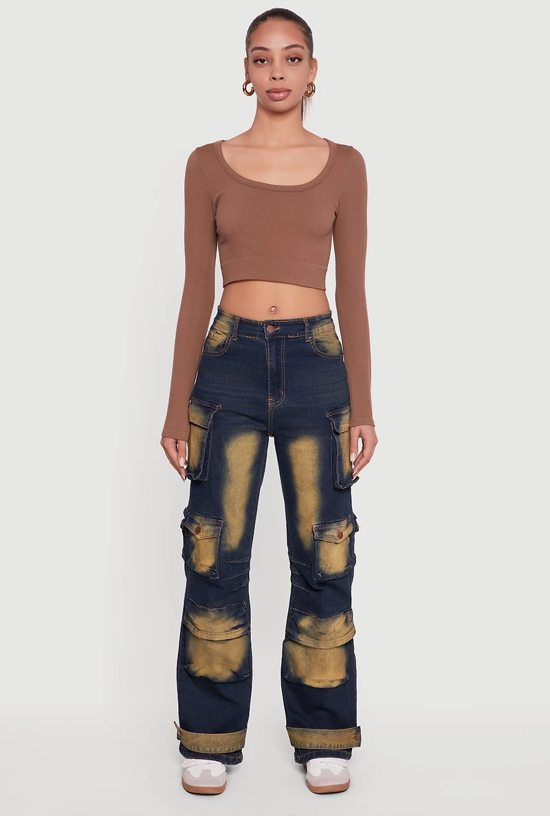 Womens Whiskered Mid Rise Wide Leg Cargo Pocket Jeans,