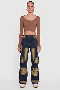 Womens Whiskered Mid Rise Wide Leg Cargo Pocket Jeans,