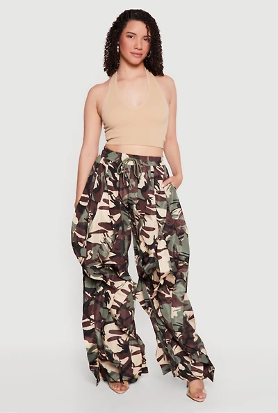 Nylon Parachute Camouflage Pants with Ruffles