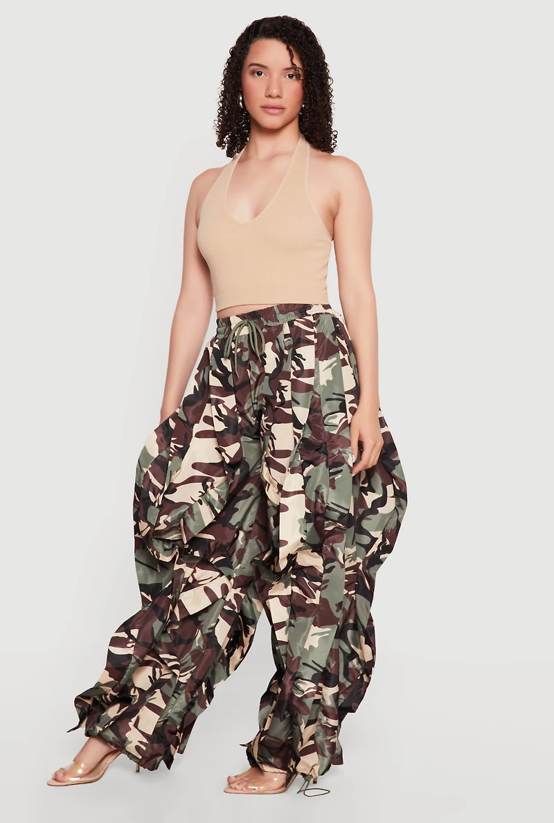 Nylon Parachute Camouflage Pants with Ruffles