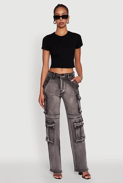 Womens Daisy Mineral Wash Straight Leg Cargo Jeans, Grey, Size S