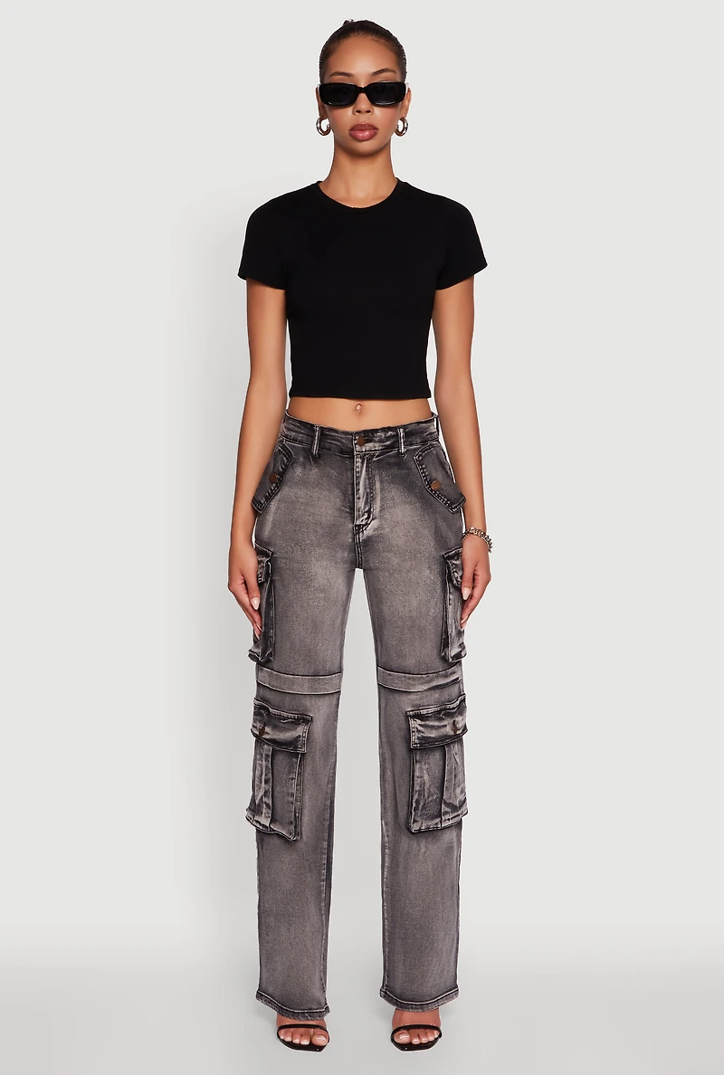 Womens Daisy Mineral Wash Straight Leg Cargo Jeans, Grey, Size L