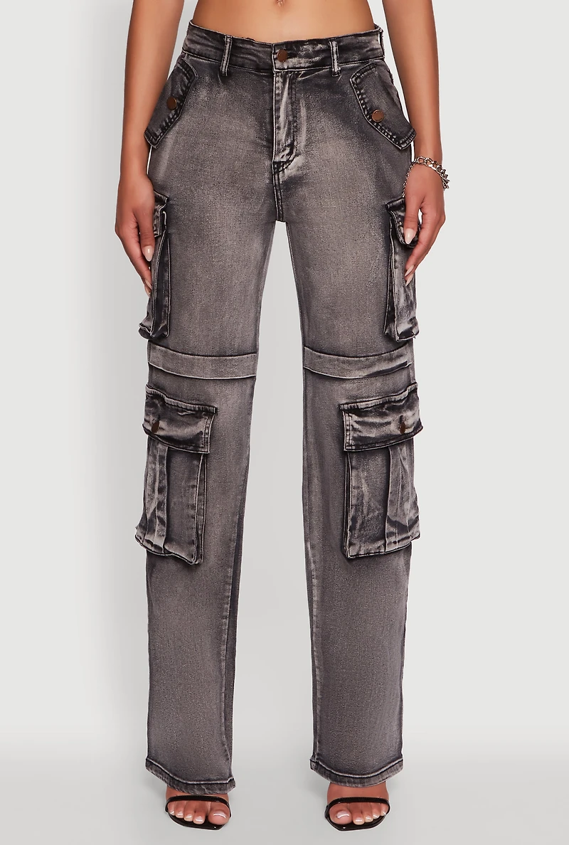 Womens Daisy Mineral Wash Straight Leg Cargo Jeans, Grey,