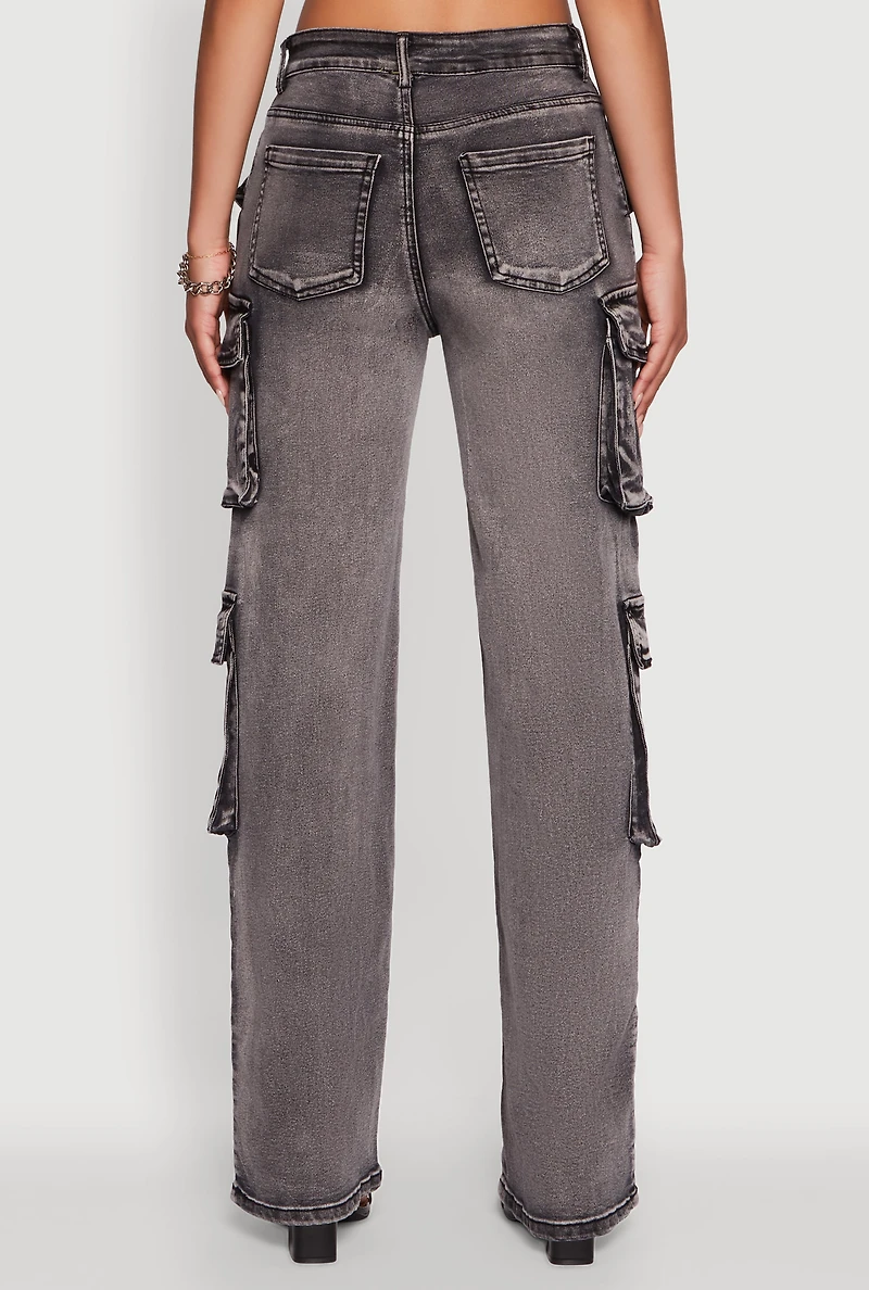 Womens Daisy Mineral Wash Straight Leg Cargo Jeans, Grey,