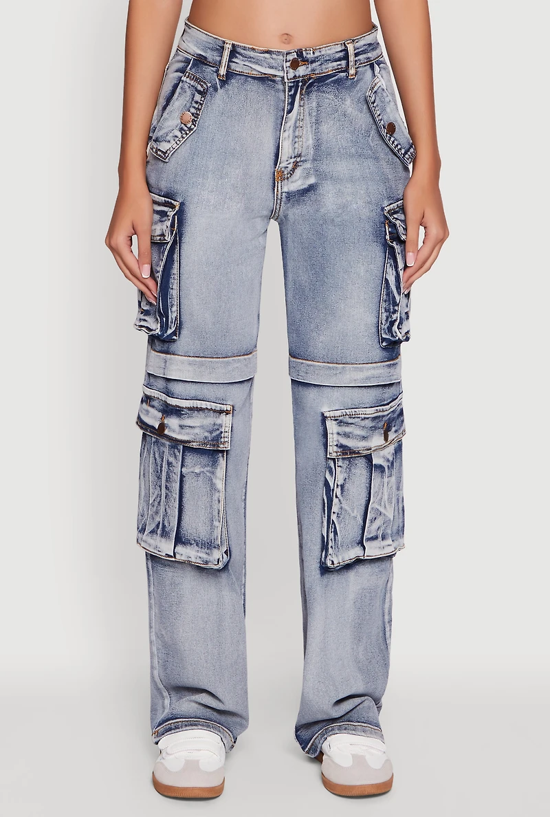 Womens Daisy Mineral Wash Straight Leg Cargo Jeans, Blue,