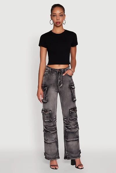 Womens Daisy Mineral Wash Straight Leg Utility Jeans, Grey, Size XL