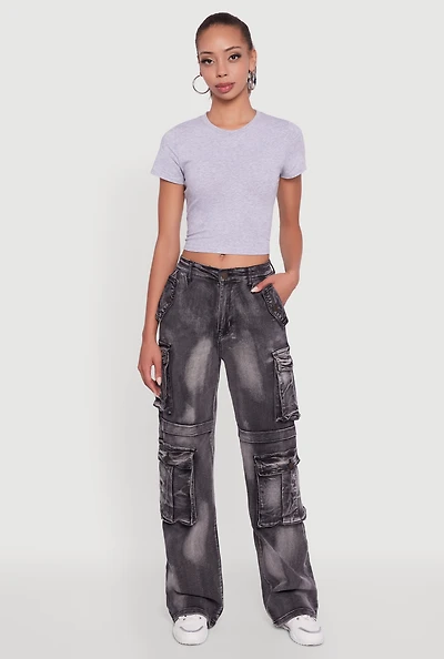 Womens Whiskered Acid Wash Wide Leg Cargo Jeans, Grey, Size M