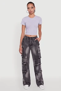 Womens Whiskered Acid Wash Wide Leg Cargo Jeans, Grey, Size M