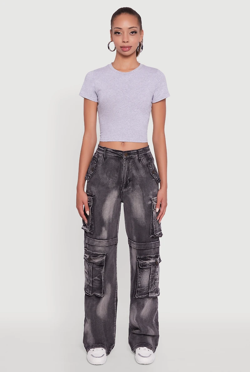 Womens Whiskered Acid Wash Wide Leg Cargo Jeans, Grey, Size M