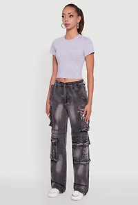 Womens Whiskered Acid Wash Wide Leg Cargo Jeans, Grey, Size M
