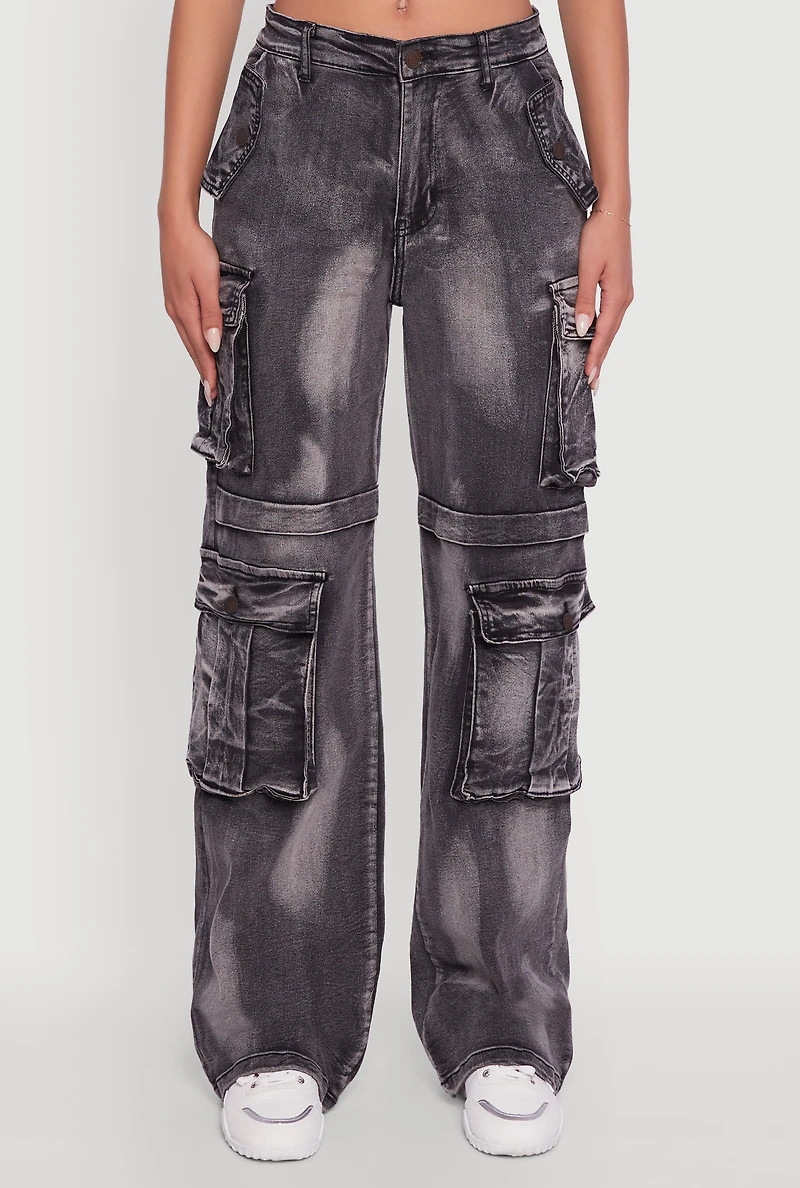 Womens Whiskered Acid Wash Wide Leg Cargo Jeans, Grey, Size M