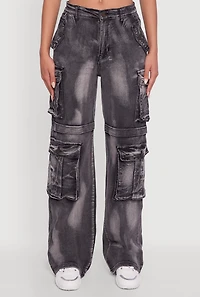 Womens Whiskered Acid Wash Wide Leg Cargo Jeans, Grey, Size M