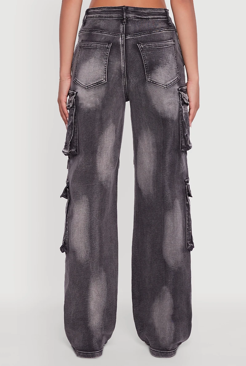 Womens Whiskered Acid Wash Wide Leg Cargo Jeans, Grey, Size M