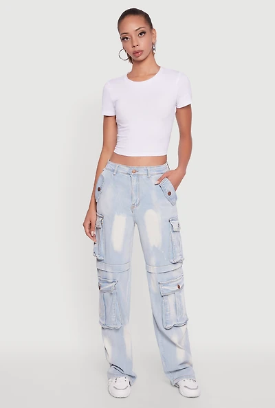 Womens Whiskered Acid Wash Wide Leg Cargo Jeans, Blue,