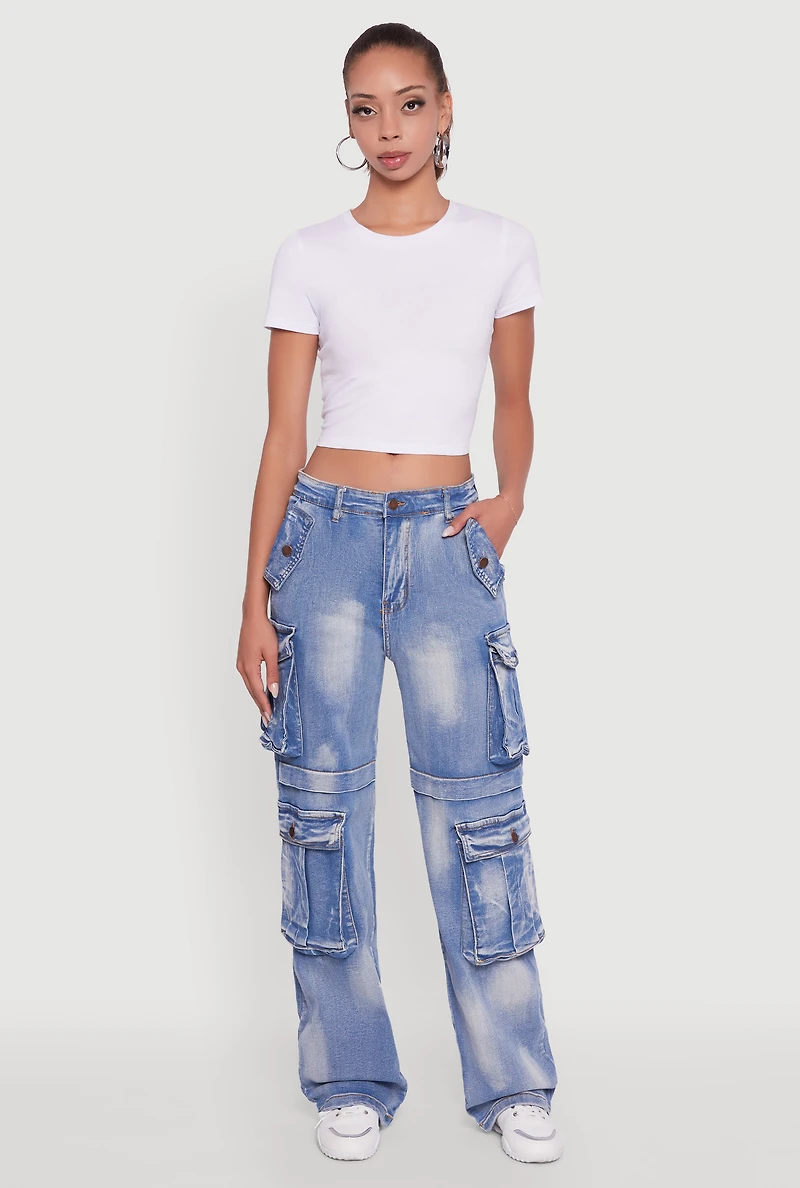 Womens Whiskered Acid Wash Wide Leg Cargo Jeans,