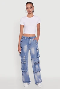 Womens Whiskered Acid Wash Wide Leg Cargo Jeans,