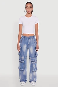 Womens Whiskered Acid Wash Wide Leg Cargo Jeans,