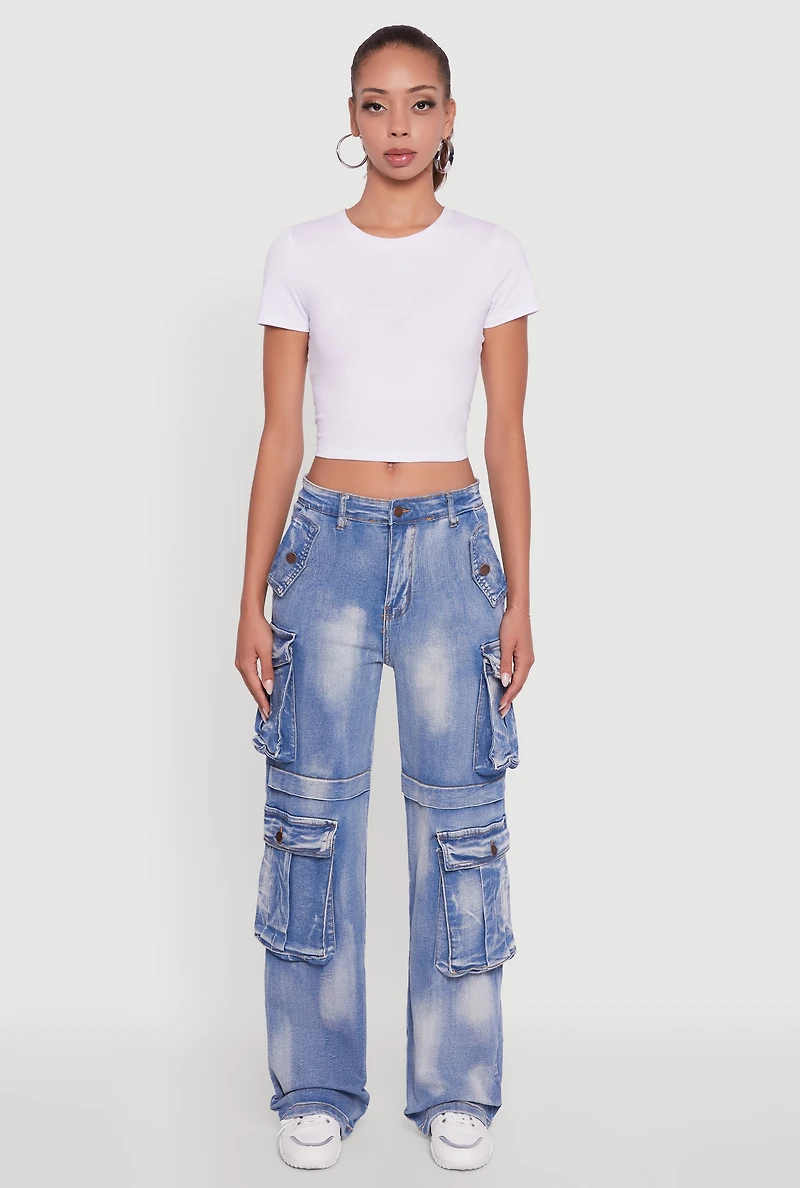 Womens Whiskered Acid Wash Wide Leg Cargo Jeans, Blue, Size S