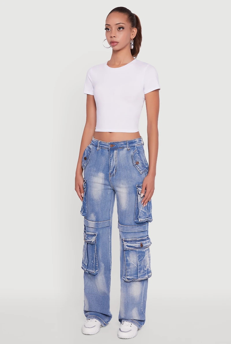 Womens Whiskered Acid Wash Wide Leg Cargo Jeans,