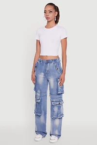 Womens Whiskered Acid Wash Wide Leg Cargo Jeans,