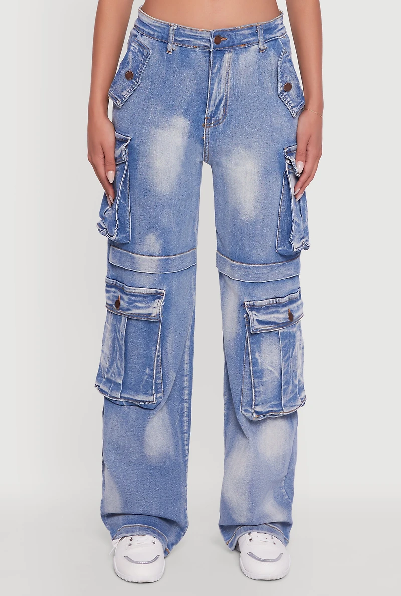 Womens Whiskered Acid Wash Wide Leg Cargo Jeans,