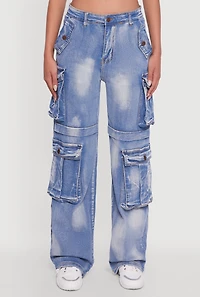 Womens Whiskered Acid Wash Wide Leg Cargo Jeans,