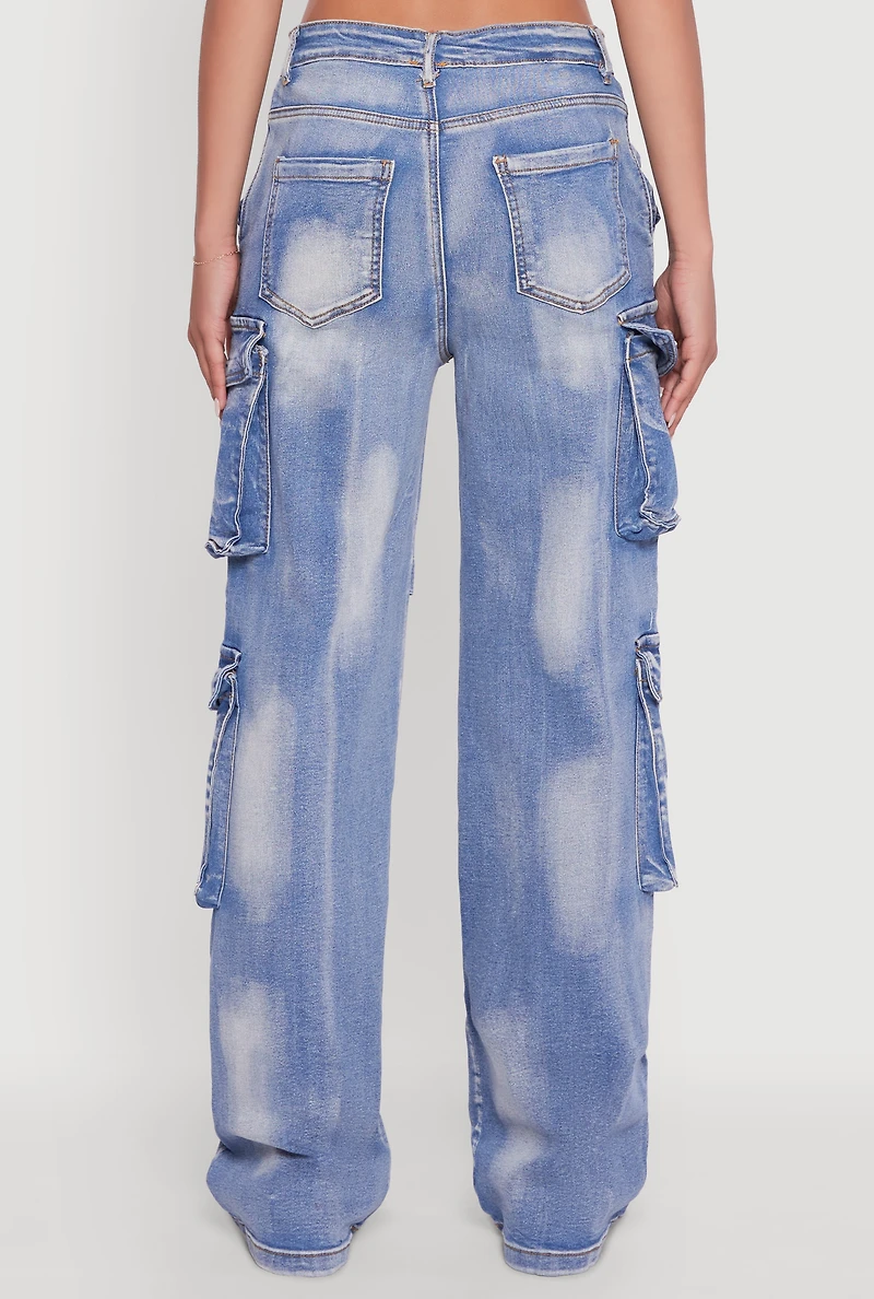 Womens Whiskered Acid Wash Wide Leg Cargo Jeans, Blue, Size S