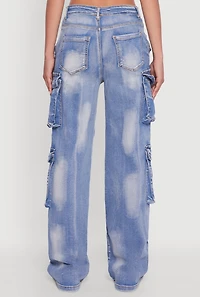 Womens Whiskered Acid Wash Wide Leg Cargo Jeans, Blue, Size S