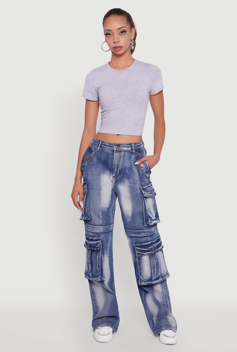 Womens Whiskered Acid Wash Wide Leg Cargo Jeans, Blue,