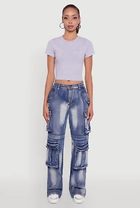 Womens Whiskered Acid Wash Wide Leg Cargo Jeans, Blue,