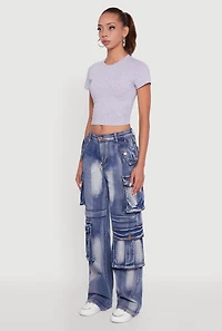Womens Whiskered Acid Wash Wide Leg Cargo Jeans, Blue,