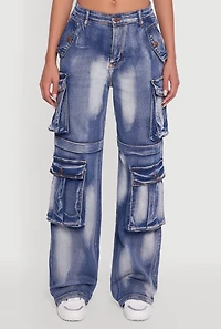 Womens Whiskered Acid Wash Wide Leg Cargo Jeans, Blue,