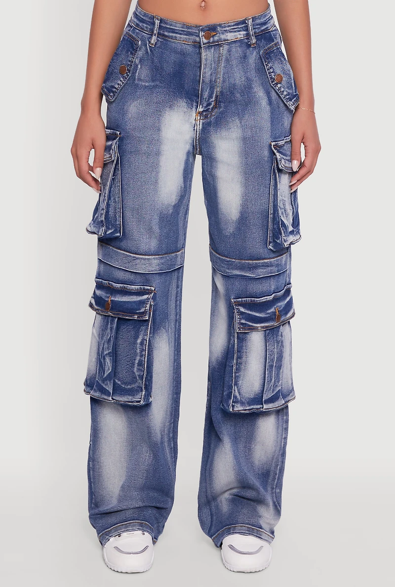 Womens Whiskered Acid Wash Wide Leg Cargo Jeans,