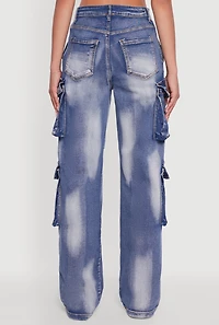 Womens Whiskered Acid Wash Wide Leg Cargo Jeans, Blue,
