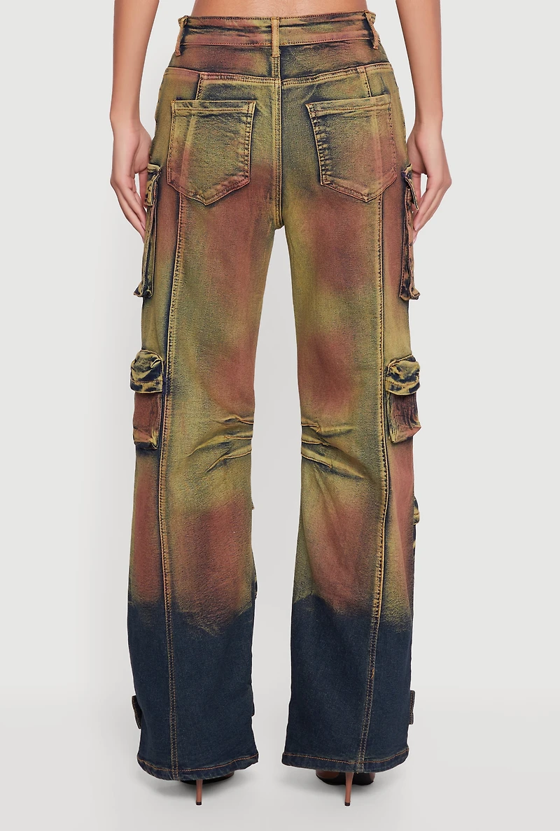 Womens Stylish Daisy Ombre Detail Wide Leg Jeans, Multi,