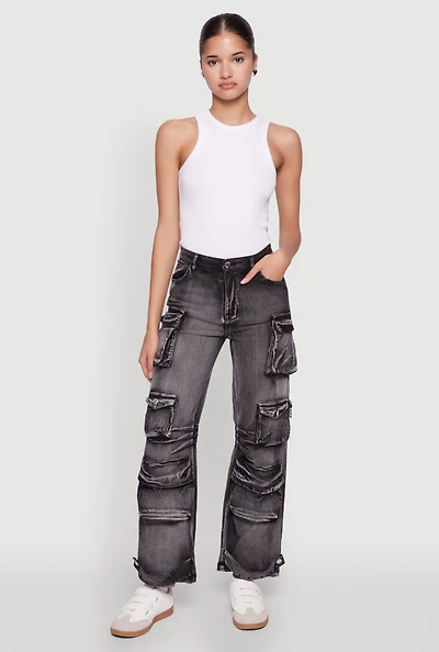 Womens Daisy Acid Wash High Waisted Wide Leg Cargo Pants,