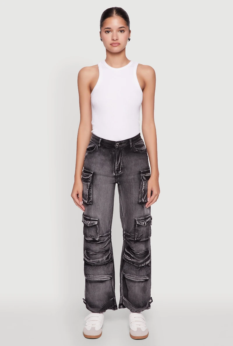 Womens Daisy Acid Wash High Waisted Wide Leg Cargo Pants,