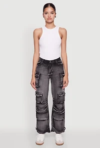Womens Daisy Acid Wash High Waisted Wide Leg Cargo Jeans,