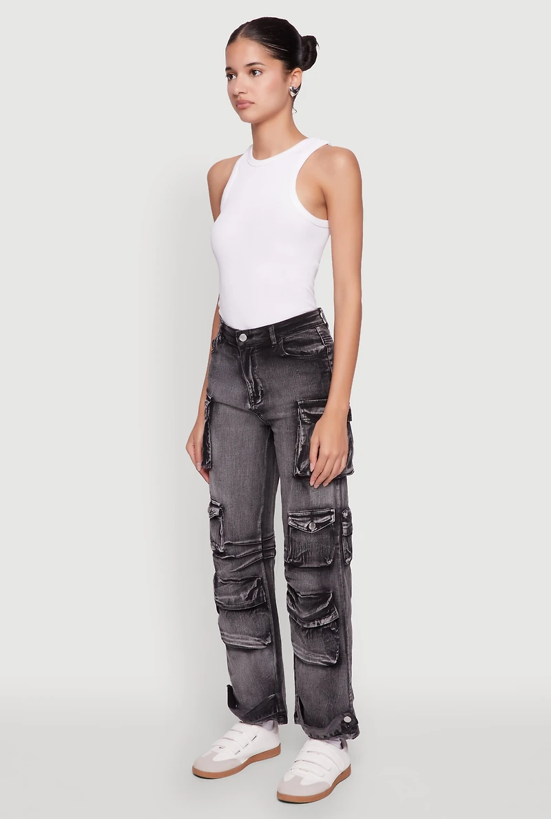 Womens Daisy Acid Wash High Waisted Wide Leg Cargo Pants,