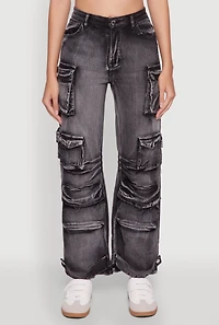 Womens Daisy Acid Wash High Waisted Wide Leg Cargo Pants,
